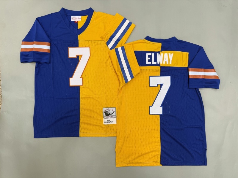 Men 2025 Denver Broncos #7 Elway blue yellow Throwback Limited NFL Jersey style 001